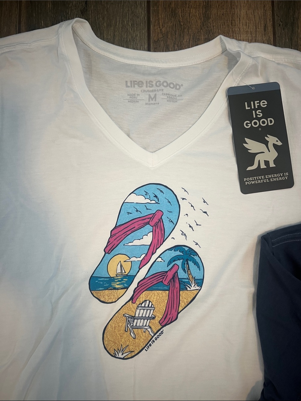 Brand new!Life is Good Women’s V-Neck T-Shirts White Flip Flops & Navy Bicycle - Picture 2 of 5